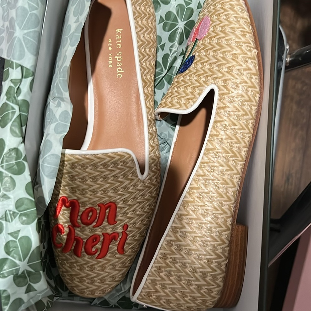 Kate Spade Loafers left says Mon Cheri right has 4, cherries
